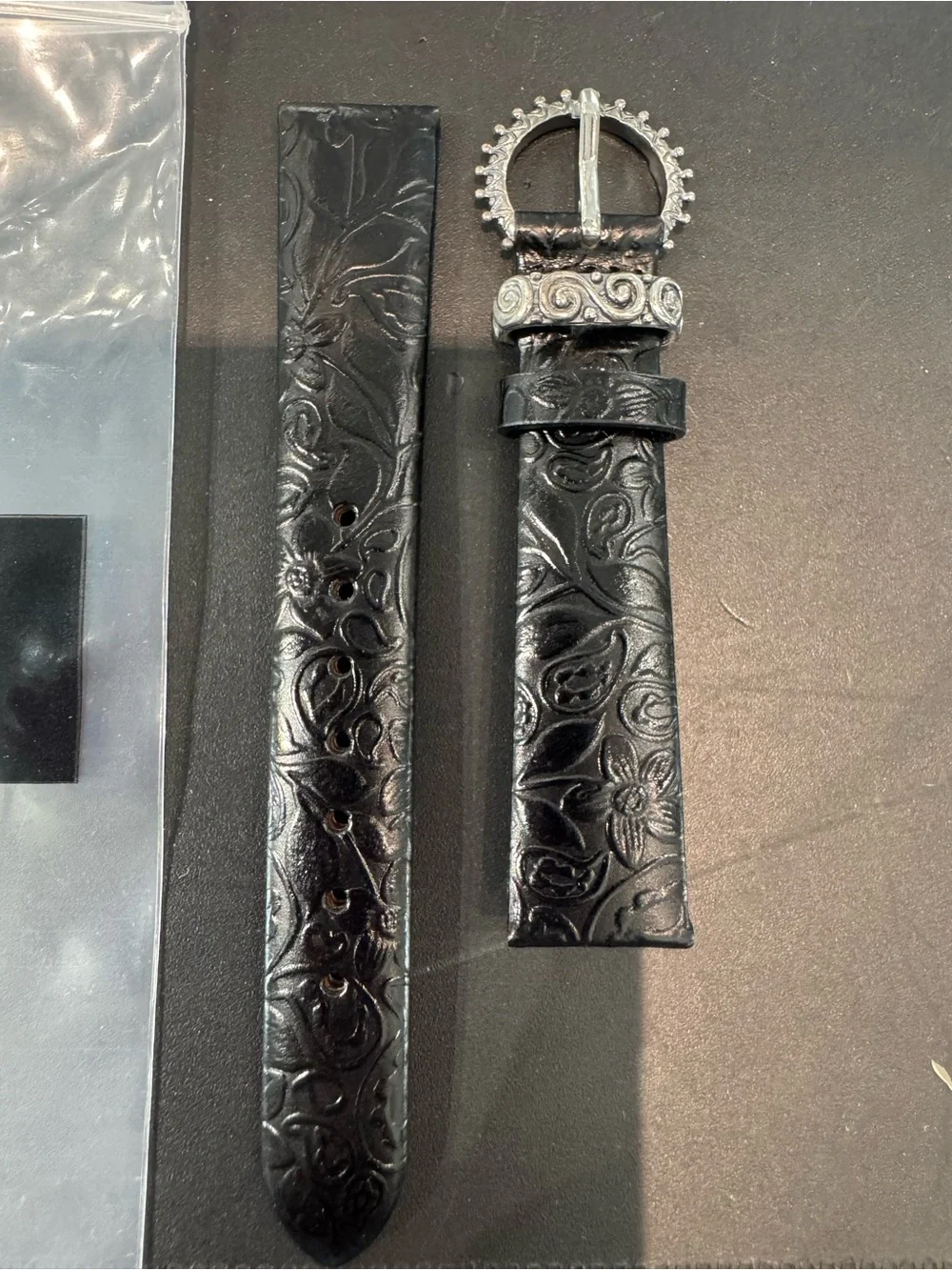 Authentic Barbara Bixby Original 16mm Watch Strap | Black Floral Tooled Leather